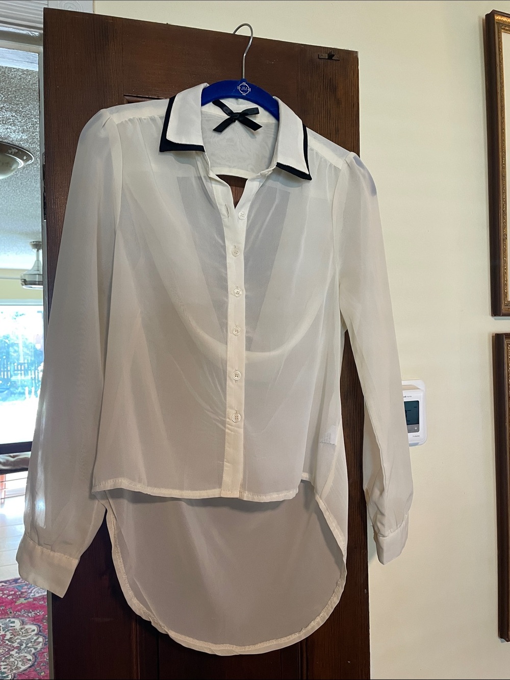 Cream Sheer Button-Down Blouse with Black-Trim Collar